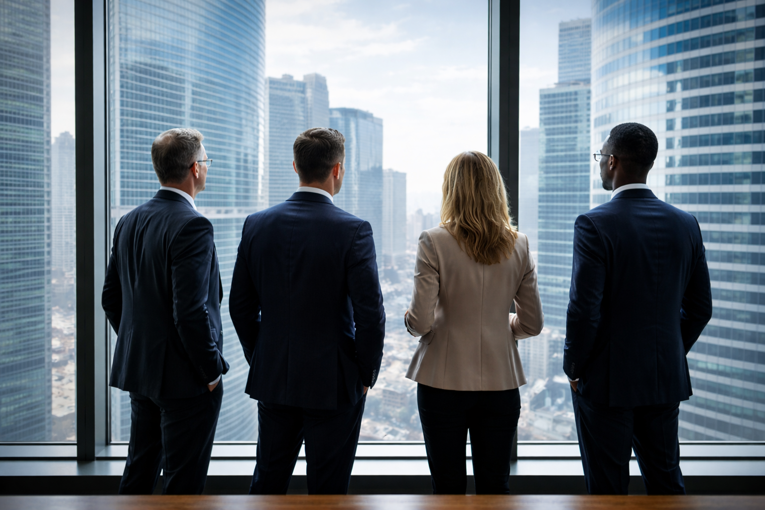 Leadership team reviewing enterprise growth from a boardroom overlooking the city